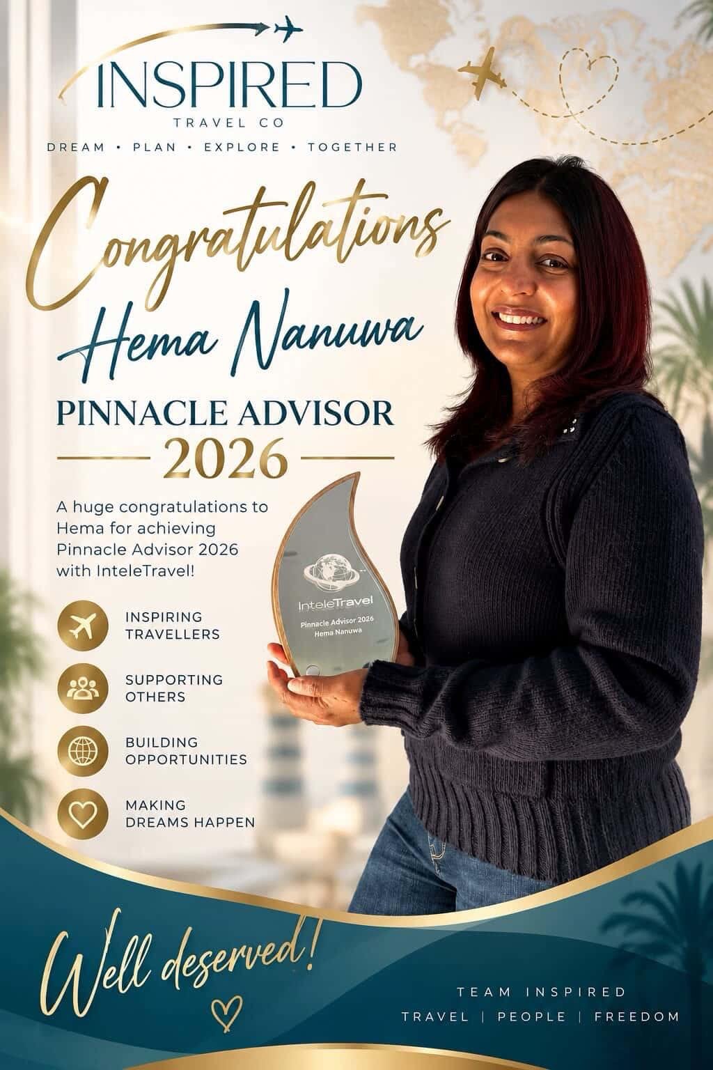 Hema Nanuwa holding her InteleTravel Pinnacle Advisor 2026 award
